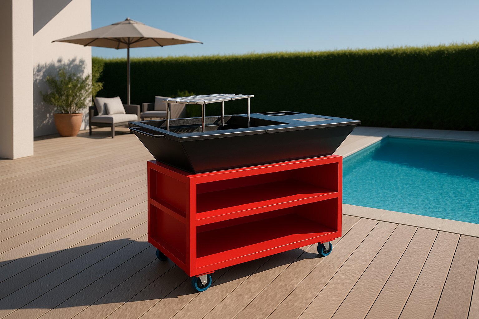 Brasero Cargo rouge sur terrasse au bord de la piscine