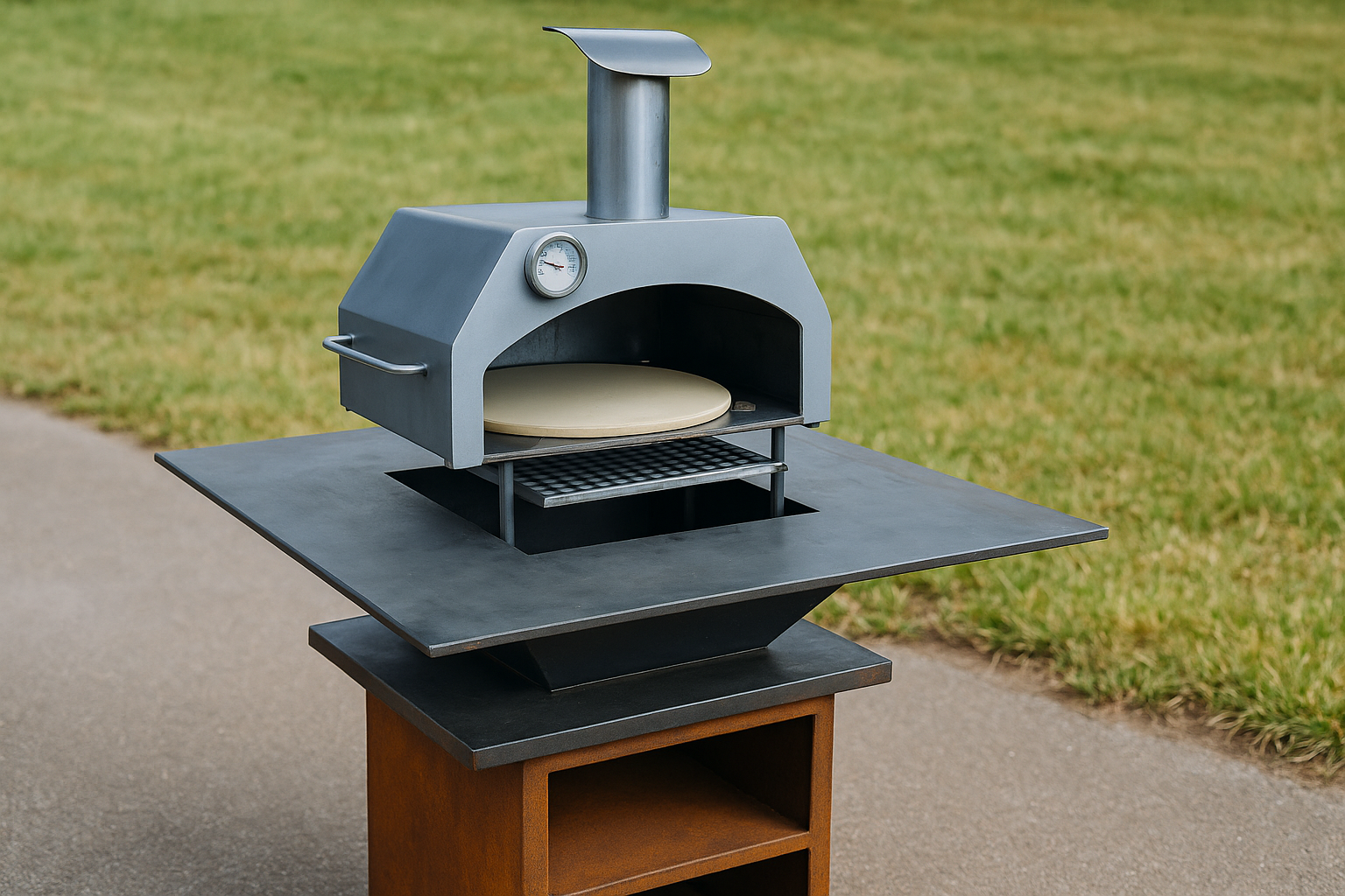 Four à pizza extérieur avec pizza cuite au feu de bois