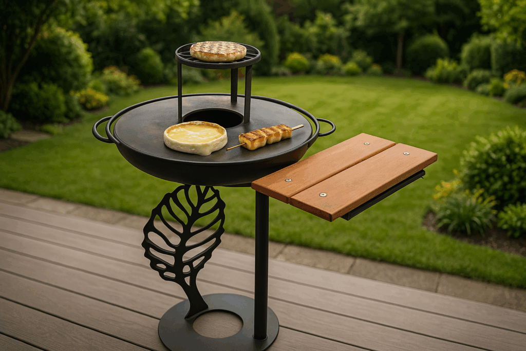 BBQ veggie moderne avec fromage fondant, galette végétarienne et brochette grillée, préparés sur un barbecue design en acier et bois, en terrasse avec vue sur jardin.