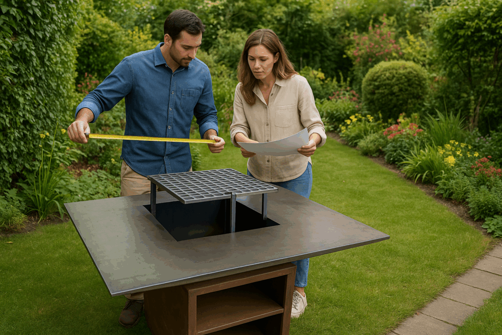 Un couple en train de mesurer un barbecue moderne en acier, placé dans un jardin verdoyant, pour vérifier son installation et son aménagement extérieur