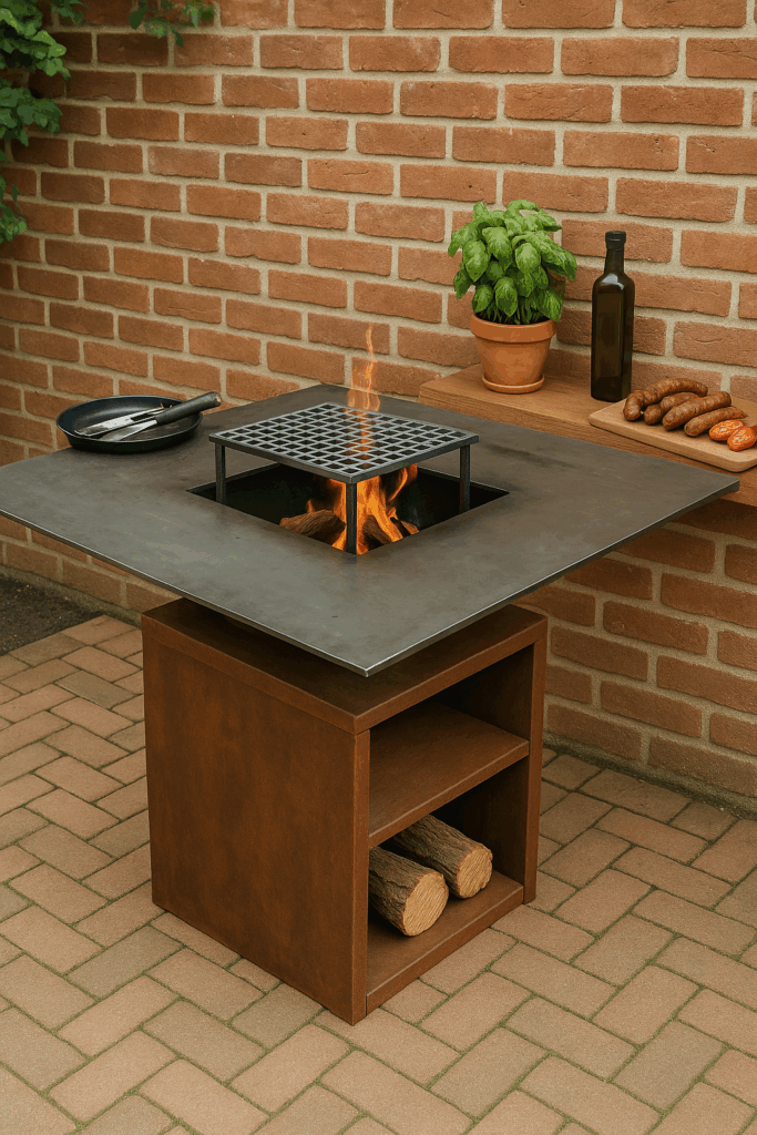 arbecue moderne au feu de bois avec structure en acier et rangement intégré, installé dans une cour en briques avec herbes aromatiques et saucisses prêtes à cuire.