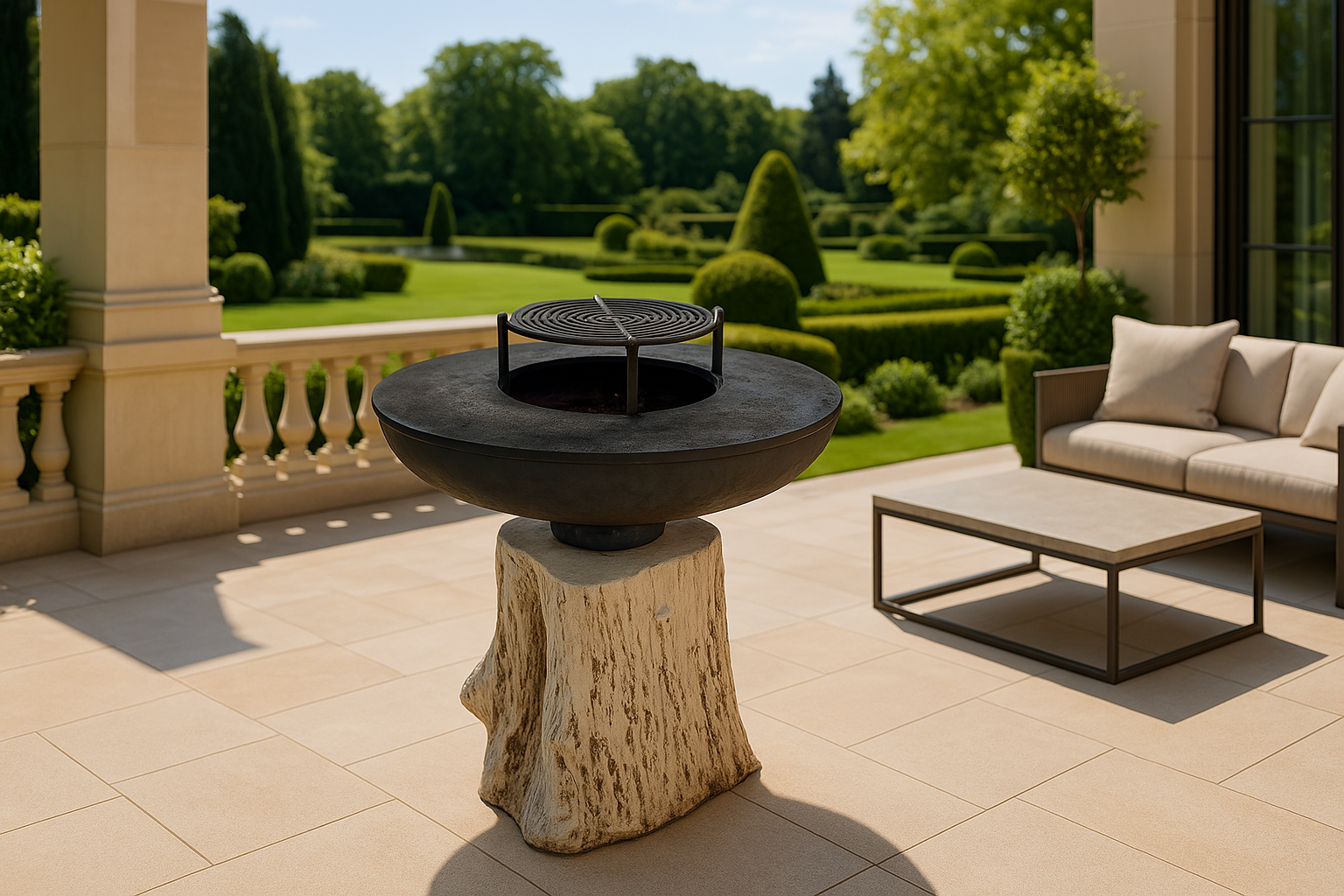 Le Brasero Racine, vasque acier noir et socle sculpté façon bois
