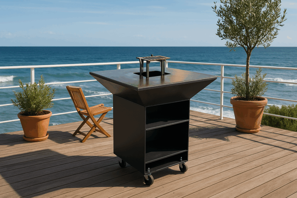 Barbecue au feu de bois moderne installé sur une terrasse avec vue sur la mer, idéal pour des grillades conviviales en plein air.