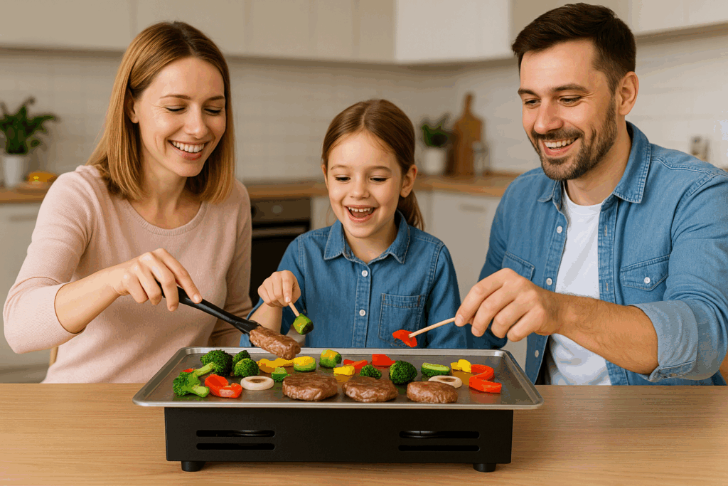 Famille réunie autour d’une plancha conviviale, partageant un repas de légumes colorés et de viandes grillées, parfait pour aménager son coin BBQ à la maison.