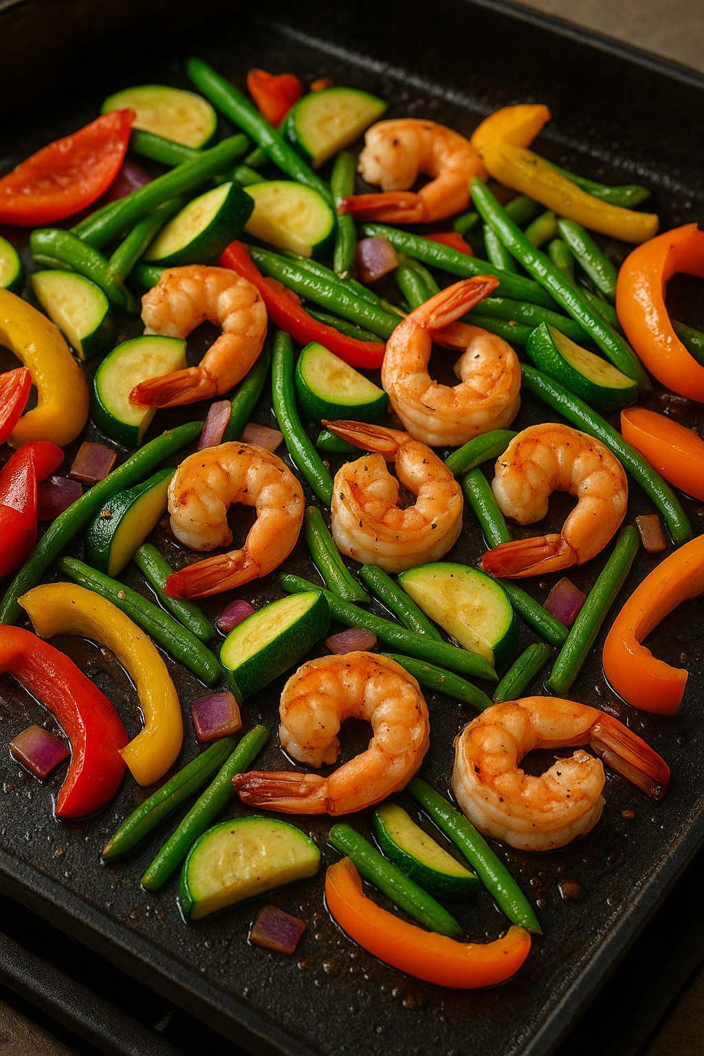 Plancha avec légumes colorés et crevettes en train de cuire, parfaite pour une cuisine conviviale et saine en extérieur.