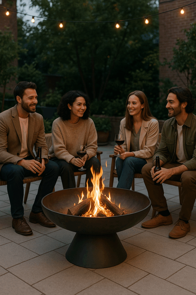 Brasero au feu de bois sur une terrasse, entouré d’amis partageant un moment convivial en soirée.