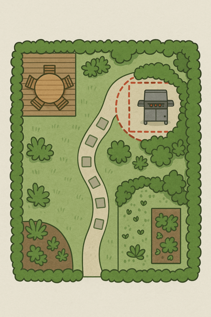 Plan de jardin illustré montrant une terrasse avec table, un espace dédié au barbecue et des allées, idéal pour aménager son coin BBQ de manière conviviale et pratique