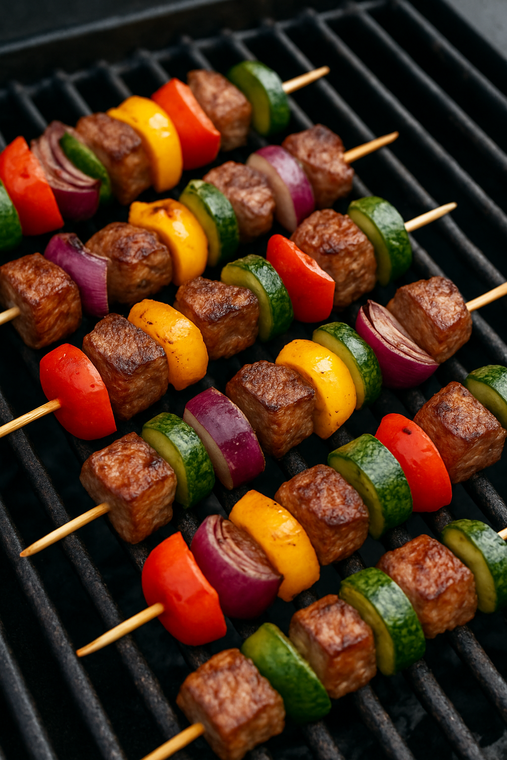 Brochettes colorées de viande et légumes grillés sur un barbecue, parfaites pour illustrer des recettes barbecue incontournables.