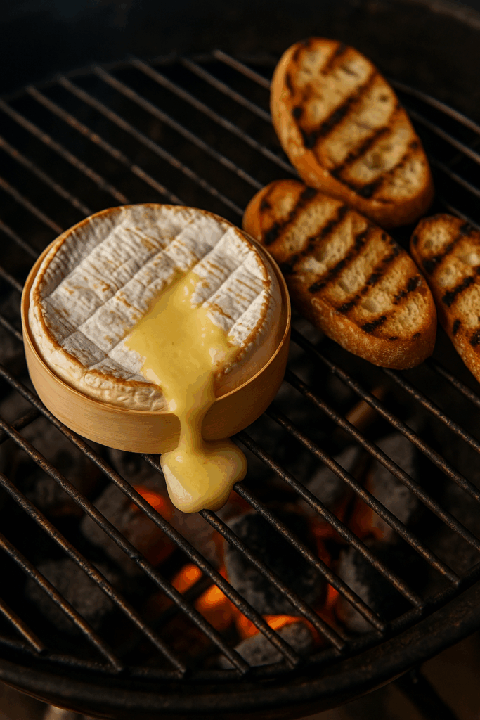 Camembert fondant qui coule sur le barbecue accompagné de tranches de pain grillé, une idée gourmande parmi les recettes barbecue incontournables.