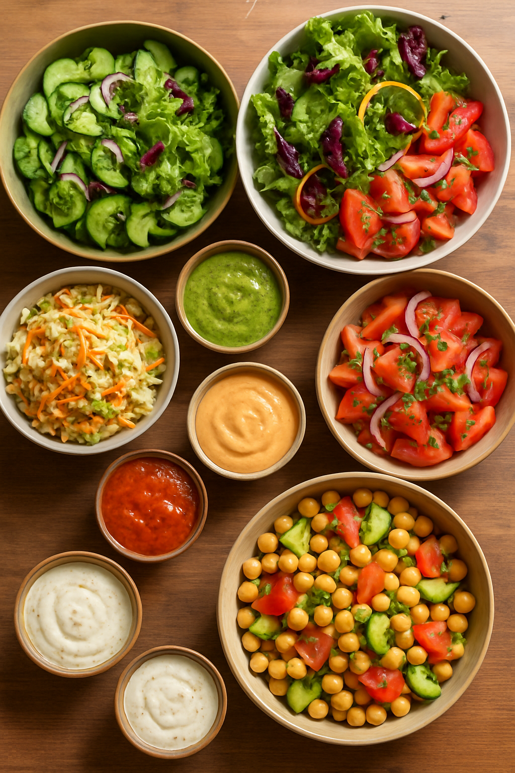 Assortiment coloré de salades fraîches, sauces et crudités, parfaits pour accompagner vos recettes barbecue incontournables lors d’un repas convivial.